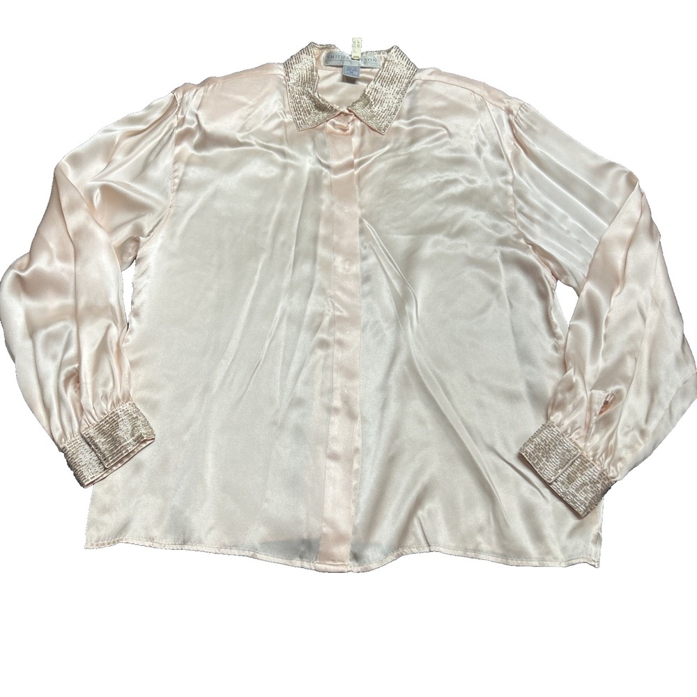 Vintage 100% Silk Pink Blouse Button Front Beaded Collar Size 14 Secretary Geek